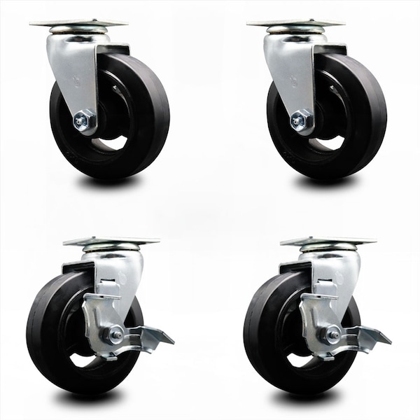 5 Inch Rubber on Cast Iron Swivel Caster Set with Ball Bearings 2 Brakes